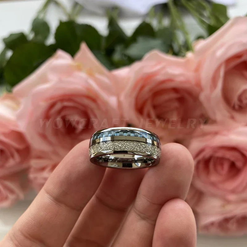 Tungsten Carbide Ring for Men Women Wedding Band Light Blue Carbon Fiber Meteorite Inlay Polished Shiny Comfort Fit - Image 4