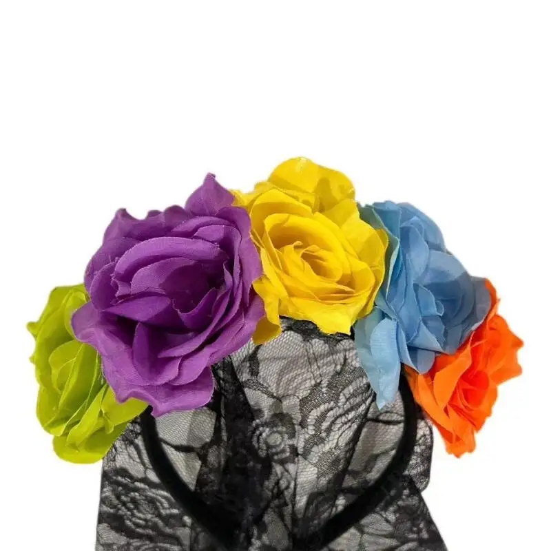 Tag der Toten Blumen-Stirnband mit schwarzem Spitzenschleier, mexikanische Rosen-Blumenkrone, Halloween-Cosplay-Kostüm-Party-Haaraccessoire – Detail 5