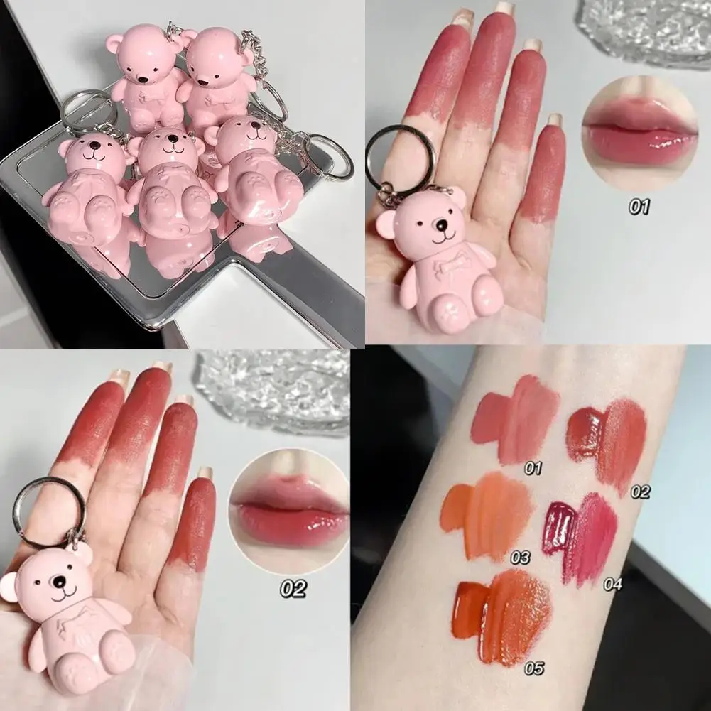 

Cute Bear Keychain Lip Glaze Mirror Water Gloss Jelly Lipstick Moisturizing Non-stick Waterproof Lasting Tint Cosmetics Cup L0T0