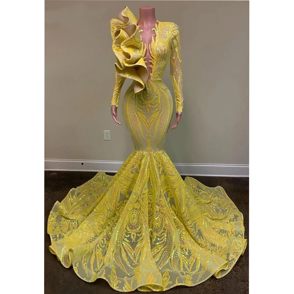 

Yellow Sexy V Neck Prom Dress For Women 2023 Ruffled Hem Mermaid Sequined Lace Party Evening Gown Celebrity Long Sleeves Vestido