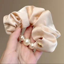 Blue Satin Scrunchie with Pearl Accents - Elegant Hair Accessory (Apricot)