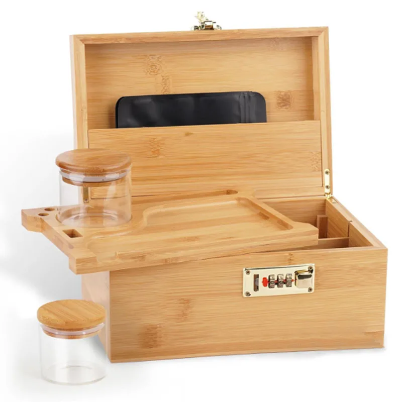 Extra Large Bamboo Decorative Gift Box Removable Dividers with Combination Lock Decorative Wood Box with Rolling Tray 2