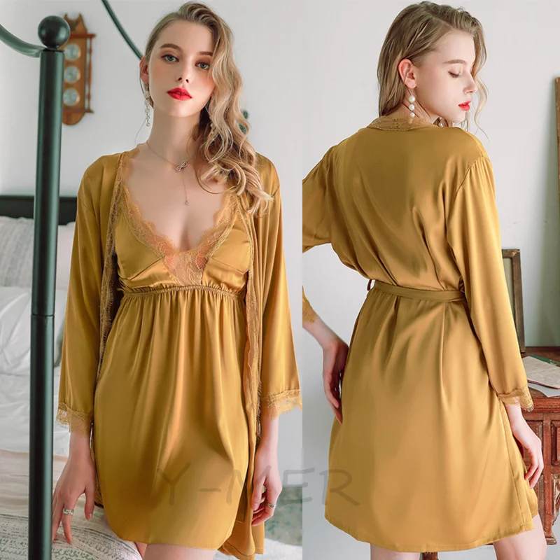 

Ночная рубашка и халат, халат, рубашка, нижнее белье, комплект атласного халата, женская одежда для сна, домашняя одежда, Сексуальная кружевная ночная сорочка, ночная рубашка