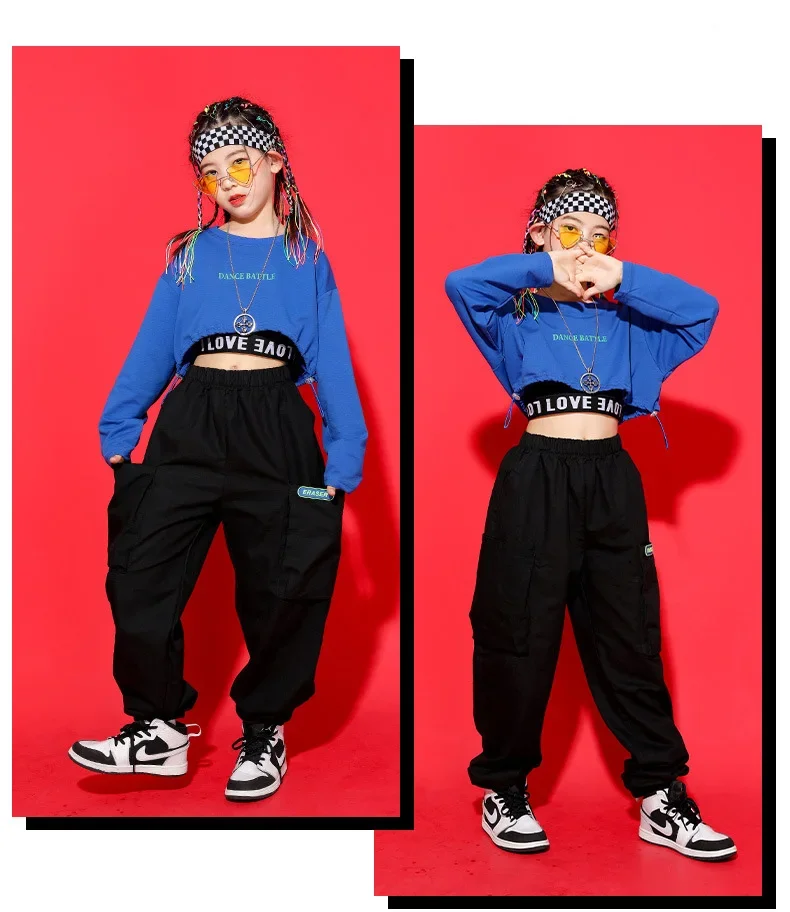 スケートボード styling set cropped T-shircargo pants Blue Crop Top Long Sleeve T Shirt Streetwear Cargo Jogger