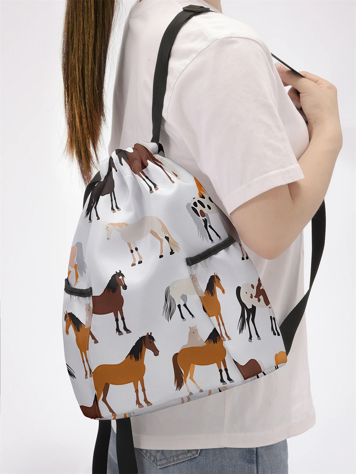 Horse Pattern Pulling Rope Backpack - Large Capacity Durable Fitness Bag, Adjustable Shoulder Strap, Sports Beach Backpack