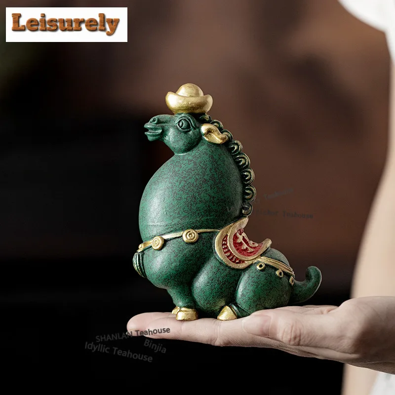 Green Sandstone Wealth-attracting Horses Tea Pet Aesthetic Tea Games Tea Figurine Play Toys Tea Statue Ornaments Cafes Supplies