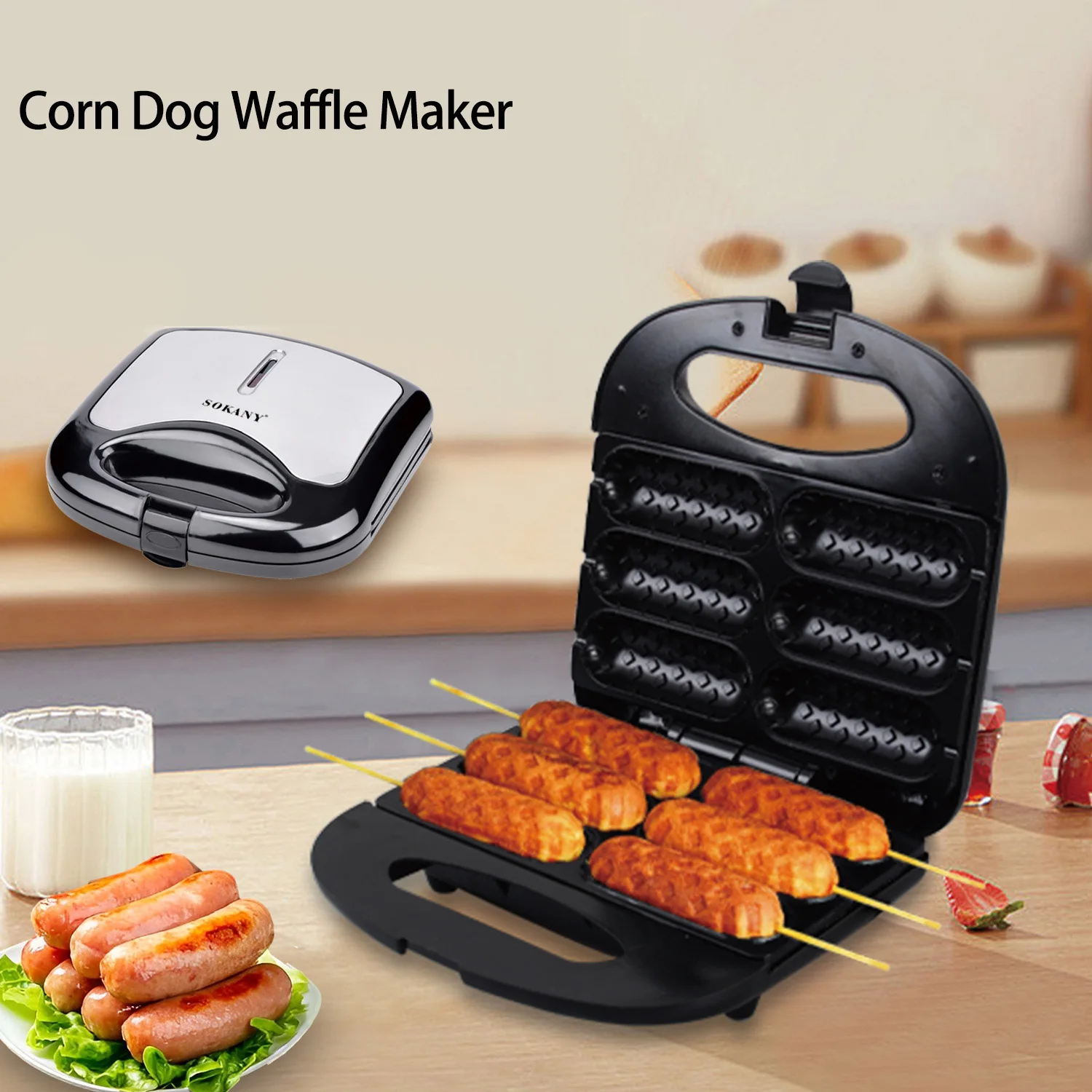 Corn Dog Waffle Maker Hot Dog Waffle Machine with Non-stick Coating Plate Make 6 Corn Dogs waffle maker