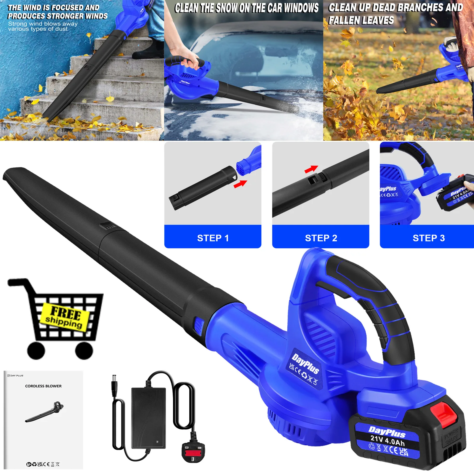 DayPlus-soplador de hojas inalámbrico con batería y cargador, soplador eléctrico de jardín, soplador de aire portátil de mano para césped limpio, polvo, nieve