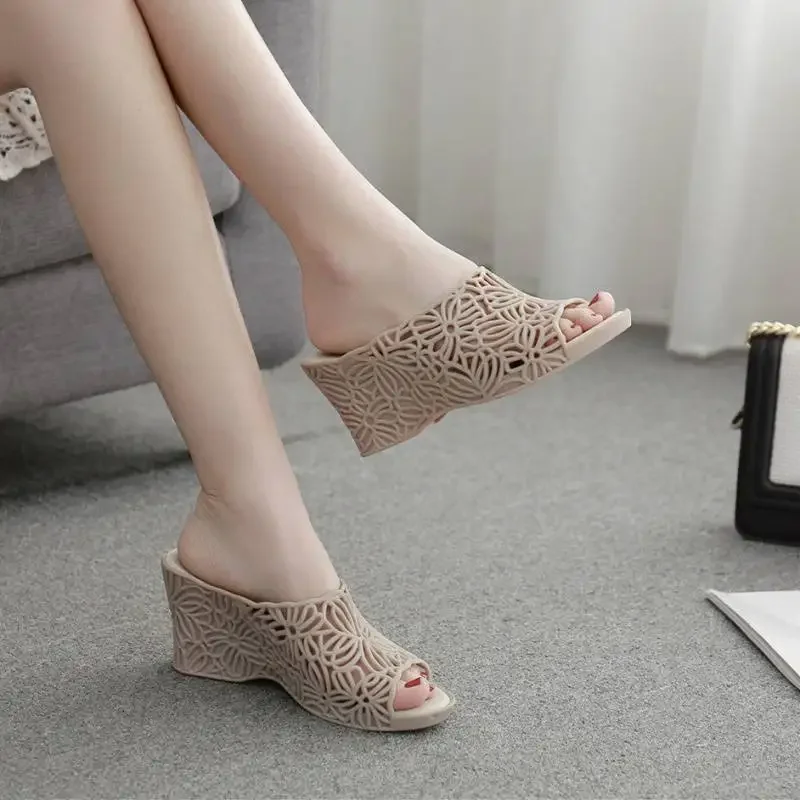 Summer Hollowed-out High Heels Jelly Slippers Women's Non-slip Plastic Wedge Sandals Fashion Outdoor Wear Thick Soles
