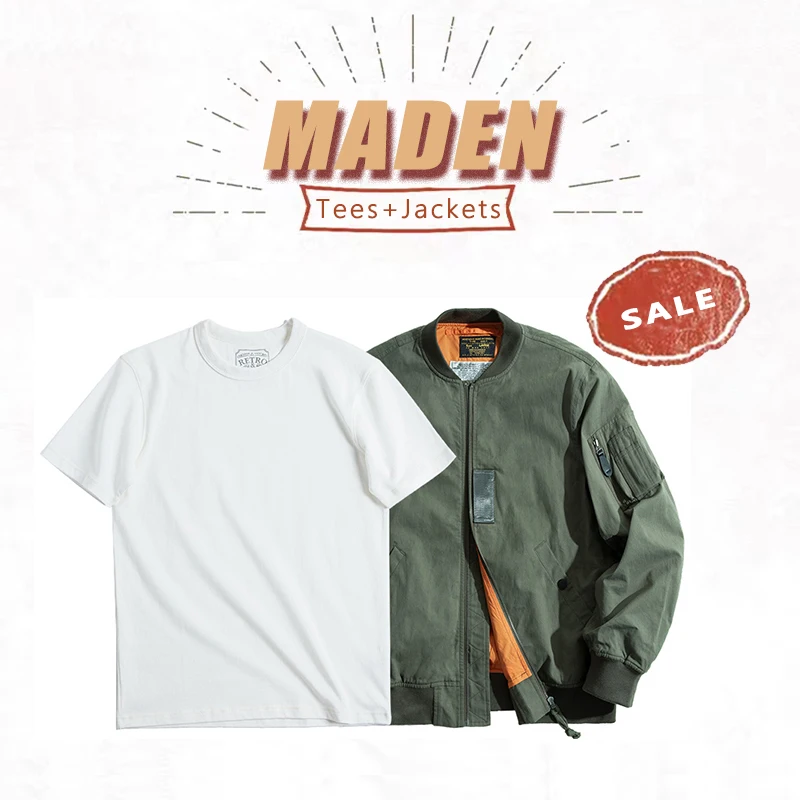 Maden Men's MA-1 Flight Bomber Jackets and T-shirts Vintage Air Pilot Military Jacket Army Green Baseball Suit Coat 2 Piece Tops