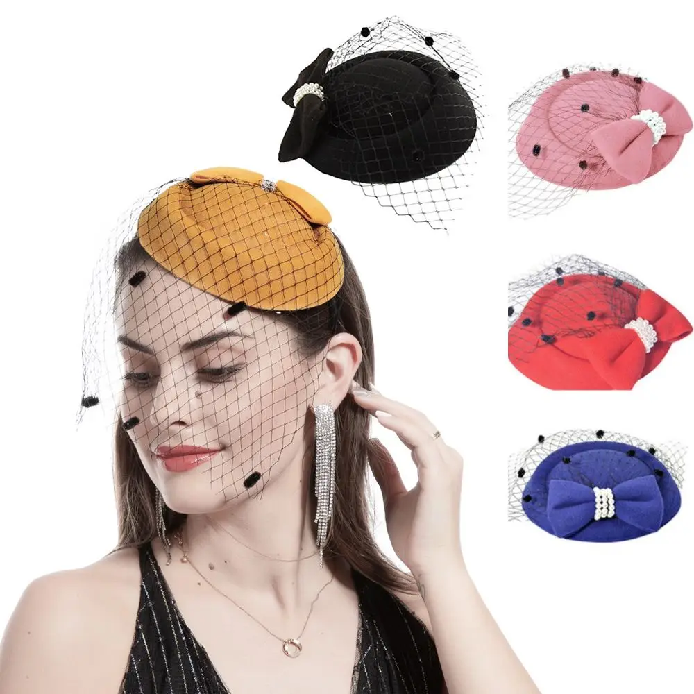 

Claw Cocktail Party Stewardess Top Hats Hairpin Bridal Headdress Fascinator Hair Pillbox Hat Bowknot Veil Womens Vintage Hat