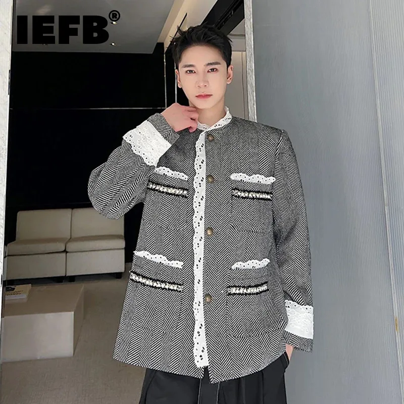 

IEFB Stand Collar Lace Kroean Fashion Men's Jacekts Spliced Male Niche Design Vitnage Coats Casual Tops 2023 Winter New 9C3704