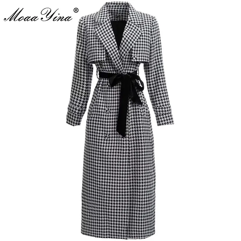 

MoaaYina Fashion Designer Autumn Winter Overcoat Women Houndstooth Long sleeve Belted High street Lady Casual Outwear Coat