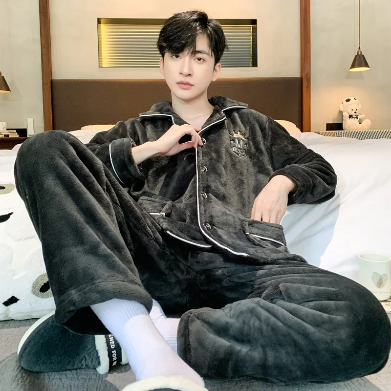 Casual Home Youth Winter Long Sleeve Warm Fleece-lined Thickened Flannel Pajamas For Men Warm Comfortable Sleepwear