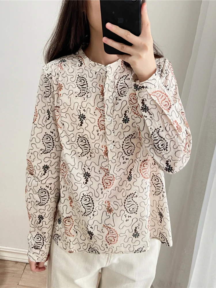 

Women Shirt Early Autumn New 2023 Comfortable Commuter Casual All-match Printed Cotton Stand-up Collar Shirt Top