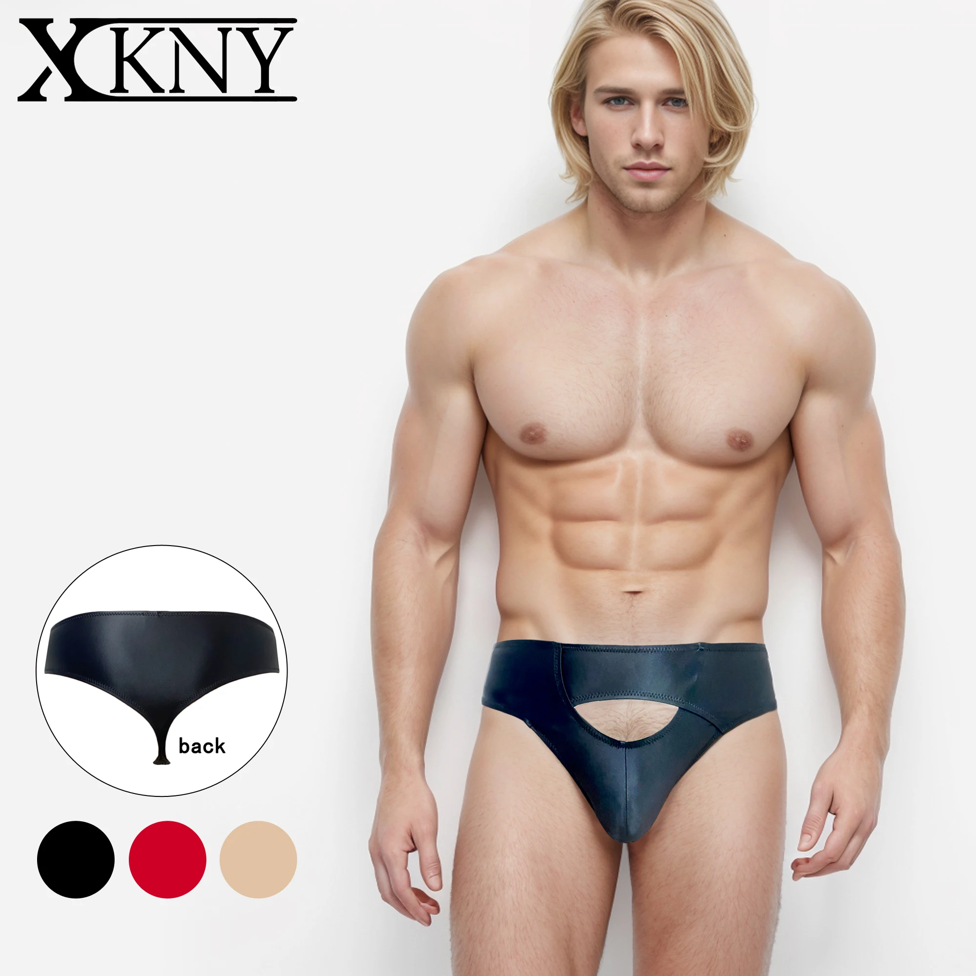 

XCKNY glossy Men thongs smooth oversized t-pants sexy solid bikini Open crotch bikini silky bottomed underwear Sports swim pants
