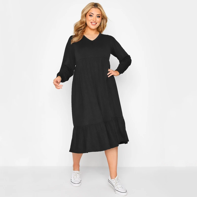 

Plus Size Elegant Spring Autumn Smock Dress Long Sleeve Casual Loose Tiered Dress V-neck Large Size Fit Flare Midi Dress 5XL 6XL