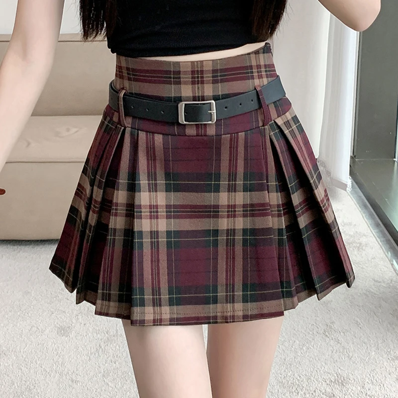 Y2K Plaid Skirt with Belt High Waist Box Pleat Tennis Mini