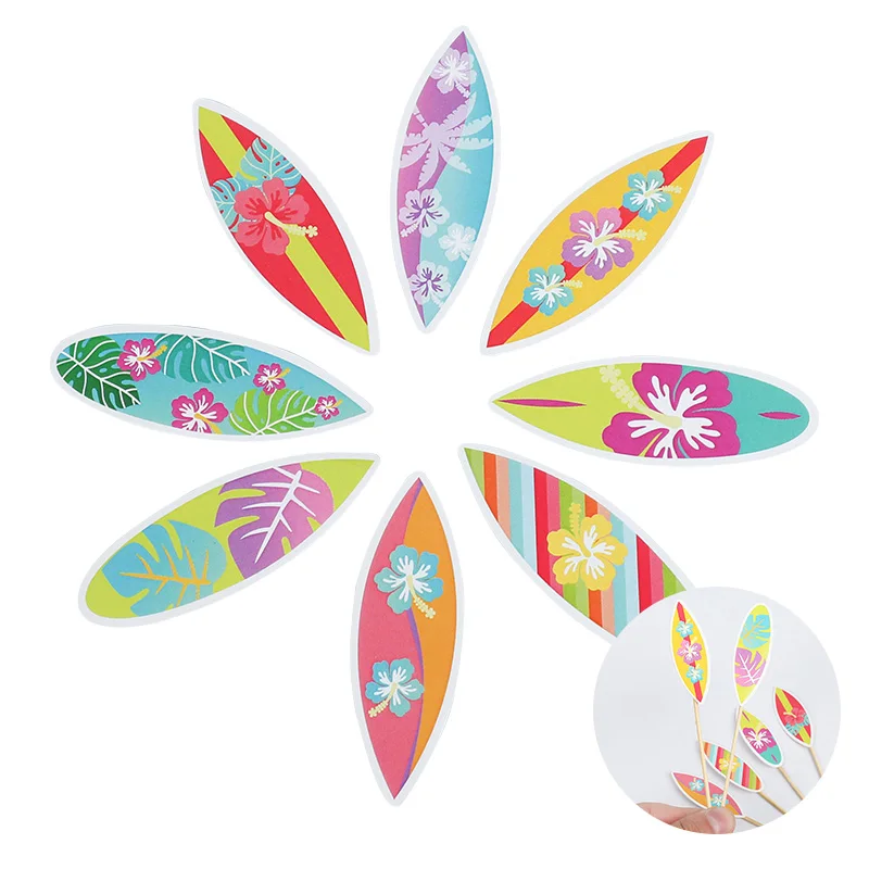 8/16Pcs Hawaiian Surfboard Cupcake Topper for Tropical Summer Luau Birthday Party Cake Decoration Beach Pool Wedding Supplies