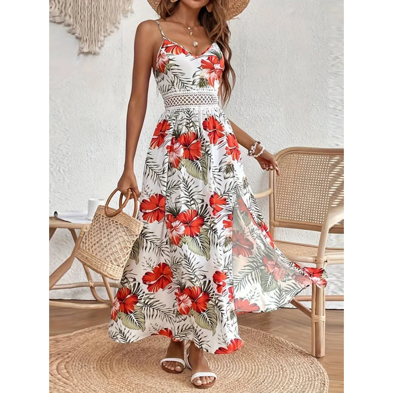 Women's New Bohemian Chiffon Printed Lace Suspender Skirt SummertemuBurst Length Dress