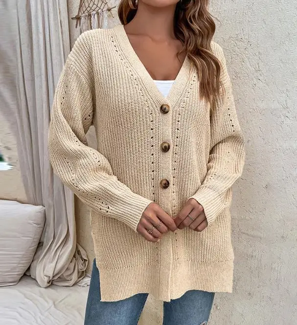 

Solid Color Hollow Out Cardigan Sweater Women's Single Breasted V-Shaped Collar Button Split Knit Jacket