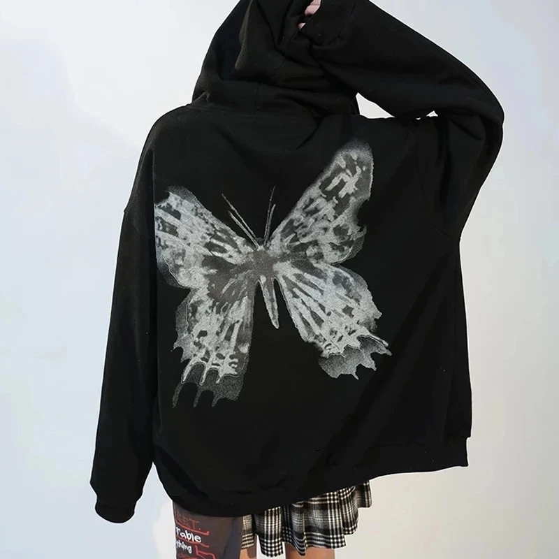 

Butterfly Y2k Hoodies Women Loose Pocket Casual Coat Zipper Zipper Loose 2022 2022 New Print Fleece Outwear Print Trend Zip Up