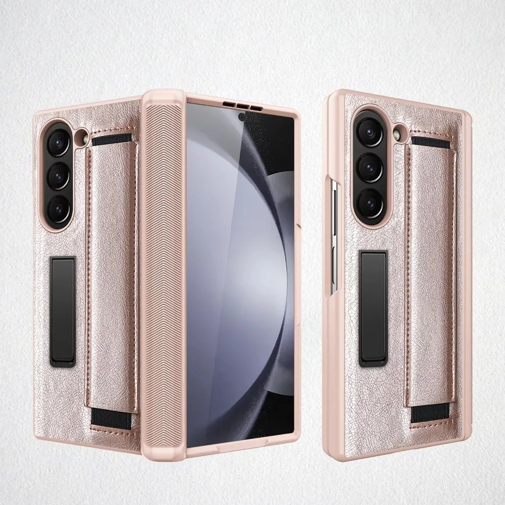 Full Coverage Hinge Protective Kickstand Leather Wristband Phone Case with Screen Protector