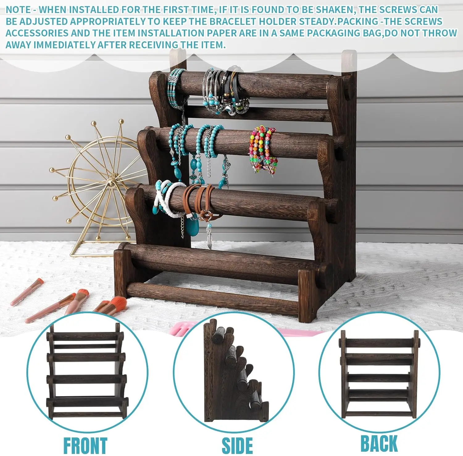 4 Tier Wooden Bracelet Holder Wood Jewelry Bracelet Display Stand Watch Necklace Scrunchie Bracelet Organizer Bracelet Storage