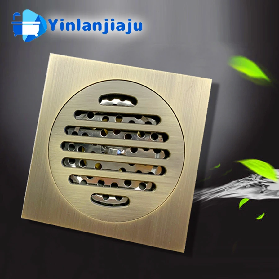 

Brass Square Bath Drains Strainer Hair Antique Brass Art Carved Bathroom Floor Drain Waste Grate Drain