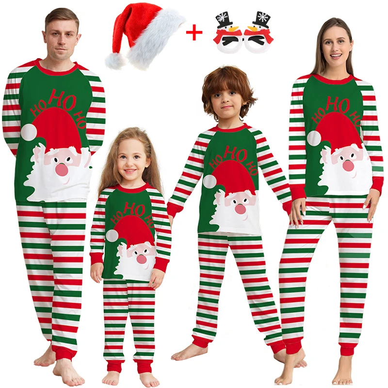 thumbnail image 1 of Conjunto de pijama de algodón con camiseta y pantalón a rayas con estampado de Papá Noel, pijamas navideños a juego para toda la familia, ropa de estar por casa para mamá y niños, 1 of 5