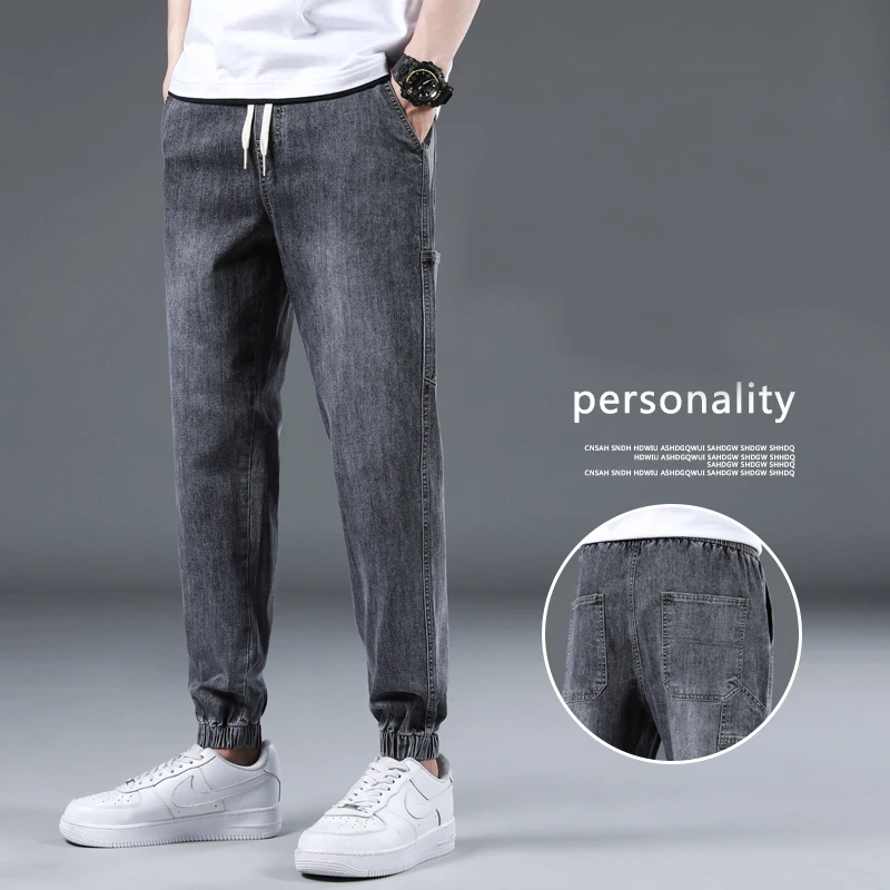 Men's 2023 Spring Summer Casual Slim Cotton Washed Jeans Baggy Drawstring Elastic Waist Denim Pants Hip Hop Streetwear Trousers