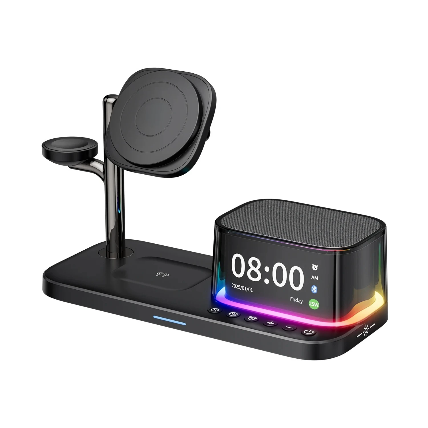 25W 5'i 1 Arada Manyetik Kablosuz Şarj Standı, Hoparlörlü, iPhone 17 16 15 Pro Max, Airpods, iWatch için 25W Hızlı Şarj