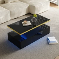 Table basse avec tiroir et LED, double plateau, compacte, pour le salon, espace de rangement discret, en aggloméré - Noir 2