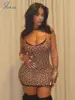 Joskaa Lace Patchwork Leopard Print Mini Dress Women Sexy Adjustable Shoulder Strap Sleeveless Body-Shaping Robe Party Clubwear 2