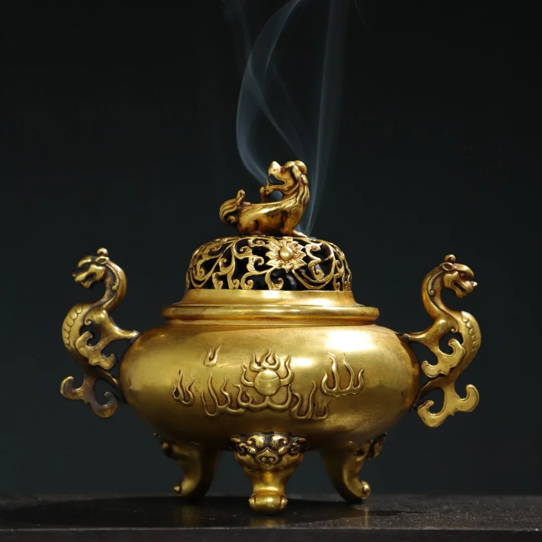 

8"Tibet Temple Collection Old Bronze Cinnabar Gilded genuine gold Kylin Brave Troops ear Beast head three legged incense burner