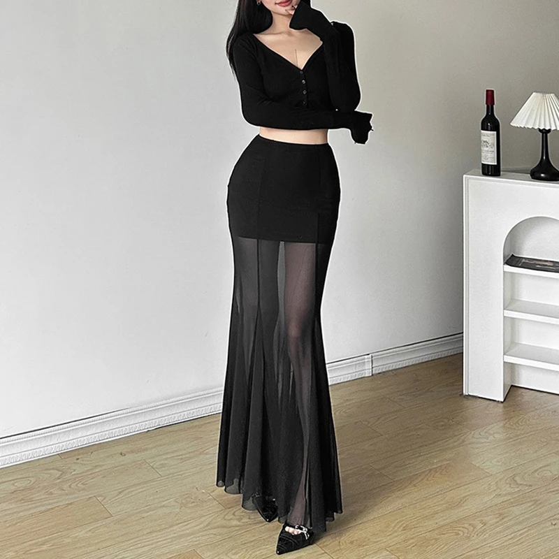 Elegant Skirt Women y2k Clothes See Through High Waist Fishtail Hem Mesh Bodycon Skirt 2000s Party Skirts Streetwear