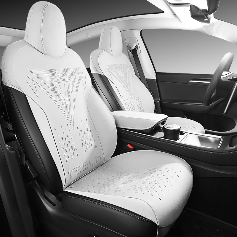

Suede 7PCS Car Special Seat Cover For Tesla Model 3 2019-2023 Breathable Leather Non-Slip Seat Cushion Auto Parts Full Set-White