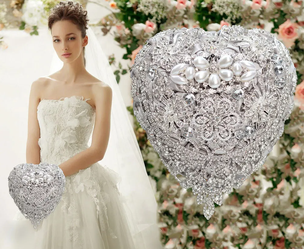Silk Wedding Flowers Rhinestone Jewelry Sliver Brooch Bouquet Gold Broach Bridal Wedding Dress Bouquet