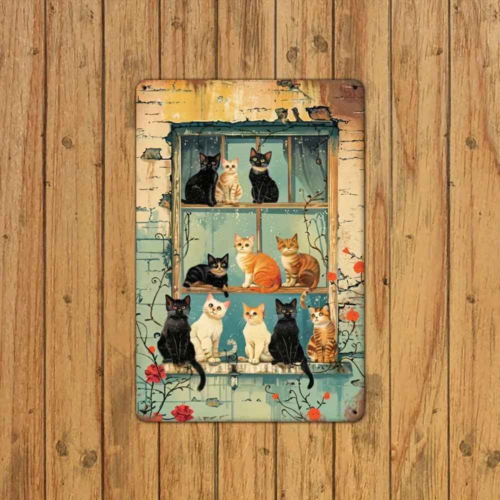 빈티지 고양이 창문 금속 간판 철제 8x12인치 레트로 벽 장식 플라크 (가정, 카페, 바, 차고용)