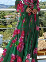 Vintage Floral Print Elegant Dress Puff Sleeve V-Necl Slim Boho Casual Cutout Spring Plus Size Long Dresses for Women 2024 - Image 3