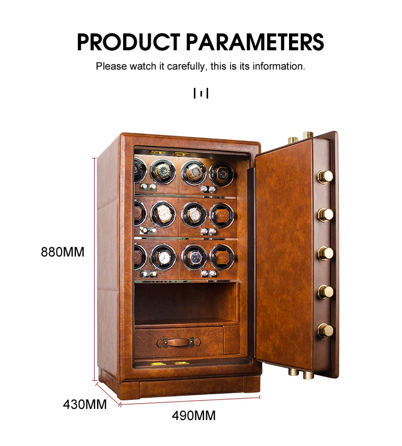 Sa305d57609a14fdf835b39cbbe403a0b1 Brown Black Leather Watch Winder Safe 12 slots Strongbox Jewelry Cash Banknotes Anti-theft Cabinet With Fingerprint unlock