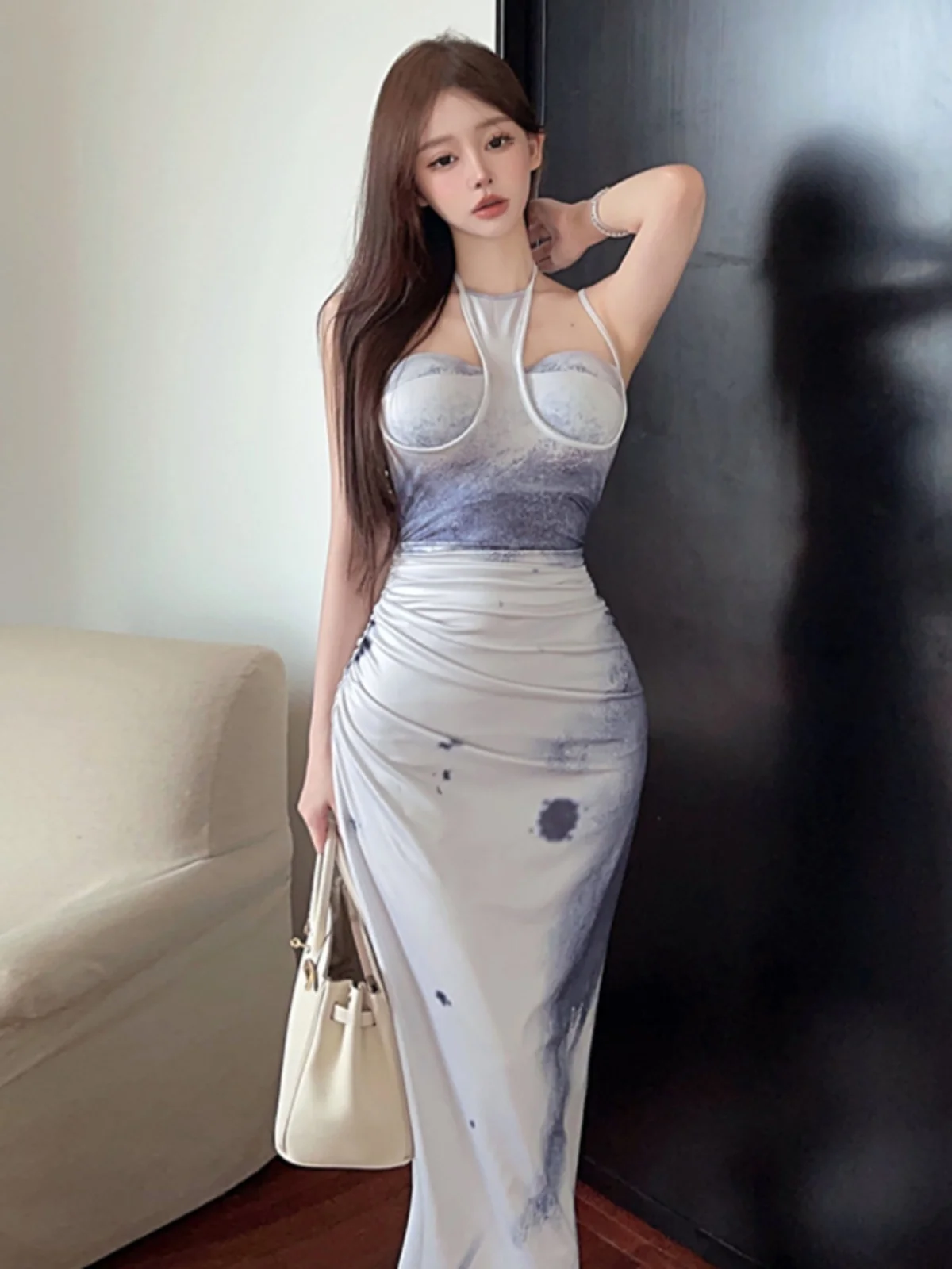 

Женское приталенное платье Harajpoo, привлекательное приталенное платье в стиле острых девушек с воротником-стойкой и чернильным принтом, французское платье с высокой талией и открытой спиной