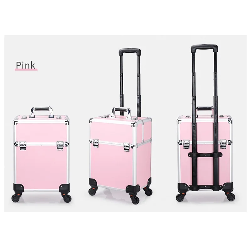 Aluminum Rolling Makeup Train Case, Portable Makeup Organizer Suitcase, Cosmetic Storage Box, Travel Beauty Luggage Trolley Lock 3