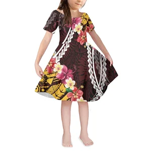 Summer Hawaiian Tribal Girls Dress Children's Comfortable Super Soft Fabric Girls Dress Round Neck Short Sleeve Hibiscus Flower