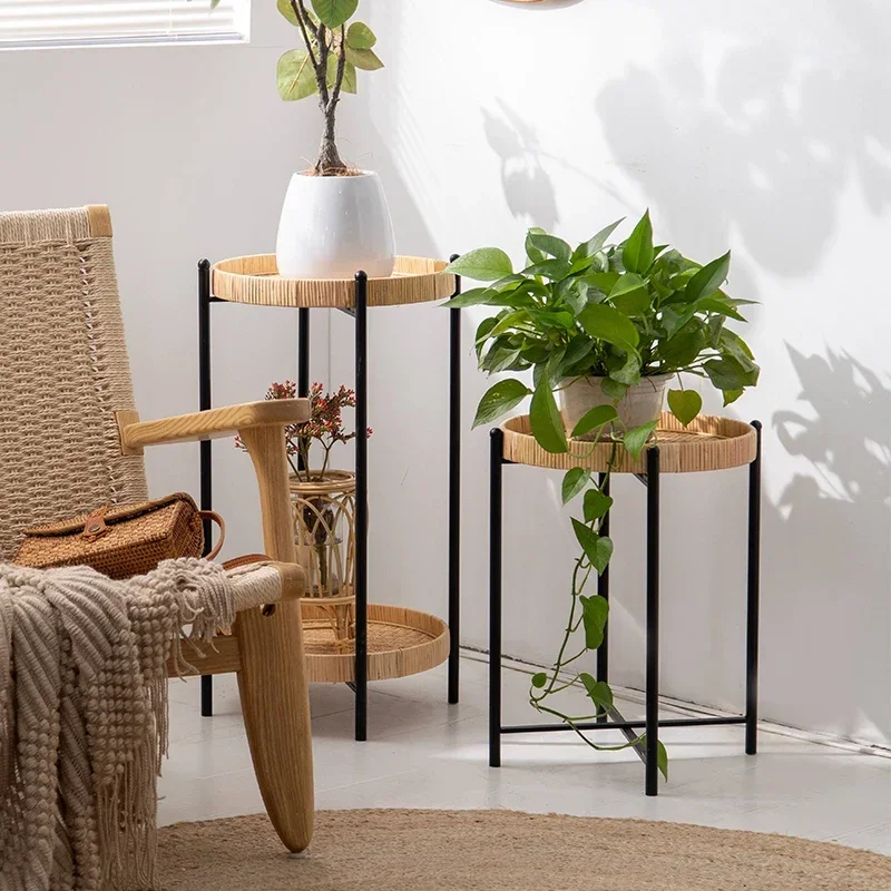 Simple Metal Plant Holder 2-Layer Rattan Woven Design Decorative Green Flower Stand Stylish Indoor Gardening Display