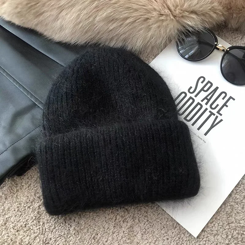 Flauschige Mützen für Damen, Erbsen, Angorakaninchenfell, Strickmütze, warm, verdickt, weich, Wollmütze, glänzende Paar-Strickwaren für Herbst und Winter – Detail 6