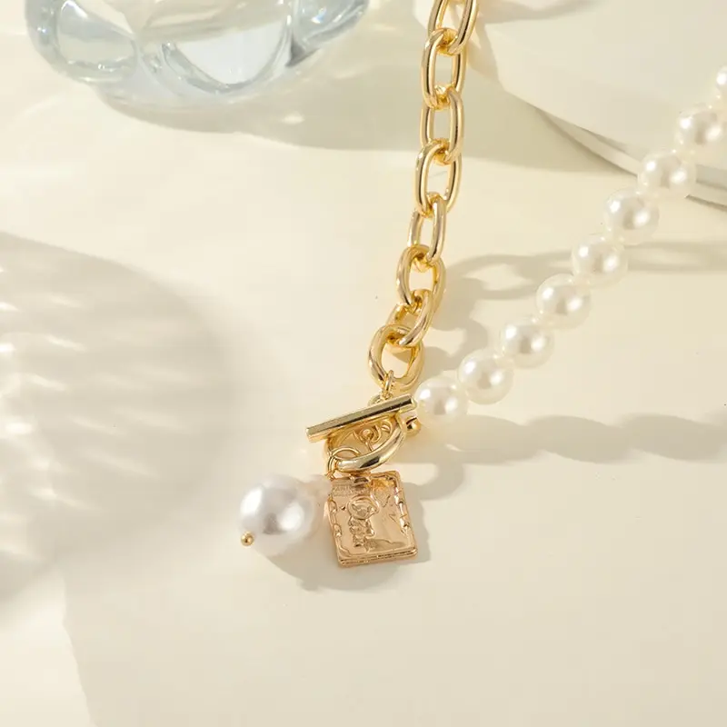 Sa3071a5bf0ee44529ef21c86c90edde71 2PCS Gold-color Necklace Hip Hop Style Baroque Faux Pearls Head Square Pendant Jewelry Mallzona