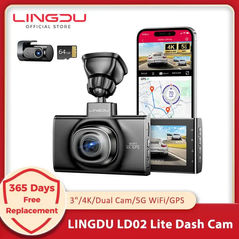 

LINGDU LD02 Lite Dash Cam 4K 1080P Front Rear Camera 5.8Gh WiFi GPS 3 Inch Screen Voice Control 24H Parking Monitor Night Vision