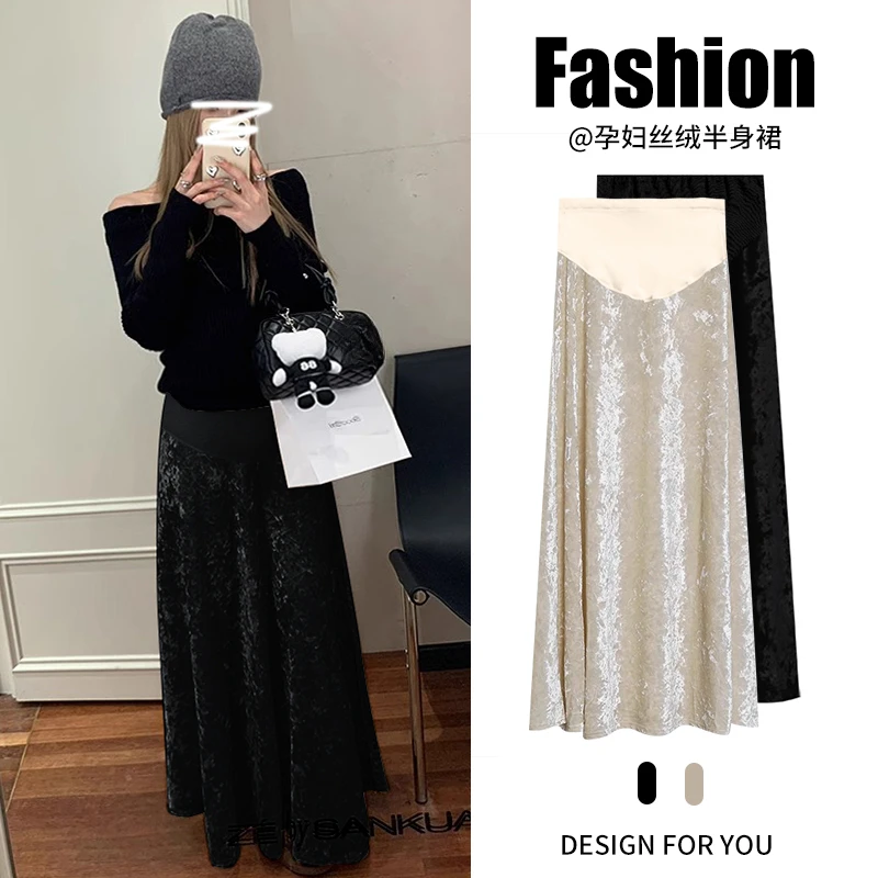 Good Quality Maternity Belly Skirts High Waist Pregnant Woman Long Loose Velour Skirt Fashion Pregnancy A-line Skirt 92-95cm