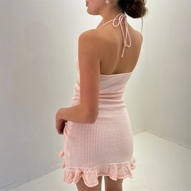 Halter Dress y2k Clothes Women Summer Solid Color Sleeveless Knitted Bodycon Dress with 3D Flower Beach Party Dresses